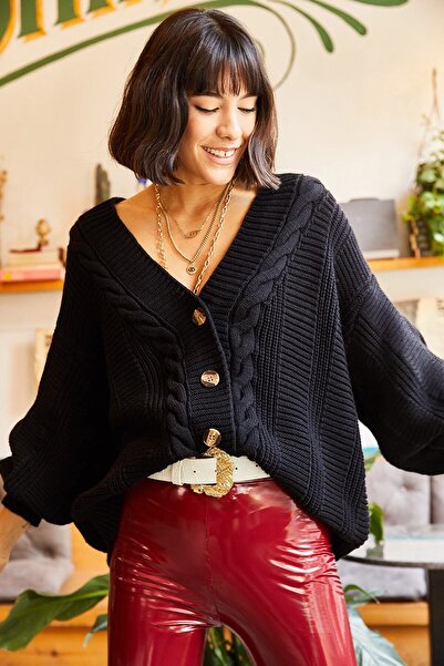 Olalook Kadın Siyah Kalın Saç Örgülü Triko Hırka HRK-19000082