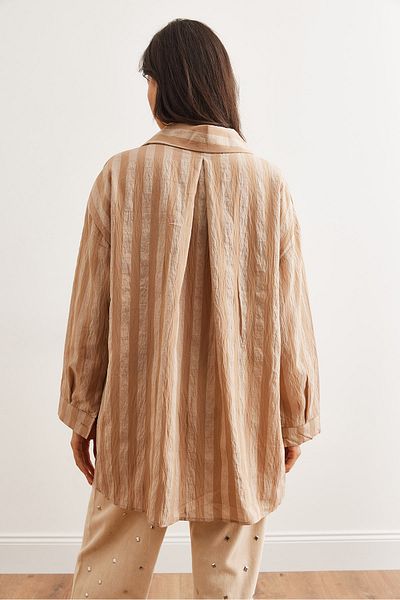 Olalook Women's Oversize Javanes Shirt with Camel Color Striped Pleated Back Detail - Gml- 19001274
