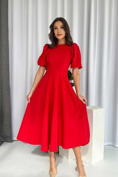 moda wanilia Women's Balloon Sleeve Skirt Flared Midi Crepe Dress