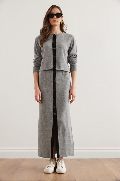 Olalook Women's Gray Top Cardigan Bottom Buttoned Skirt Knitwear Set Tkm- 19000344