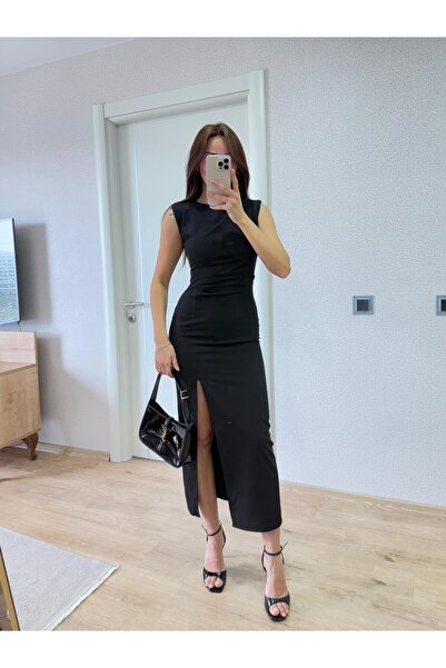 FMN Butik tasarım marka muadil bele oturan midi yırtmaçlı vatkalı sıfır kol pinterest model uzun şık elbise