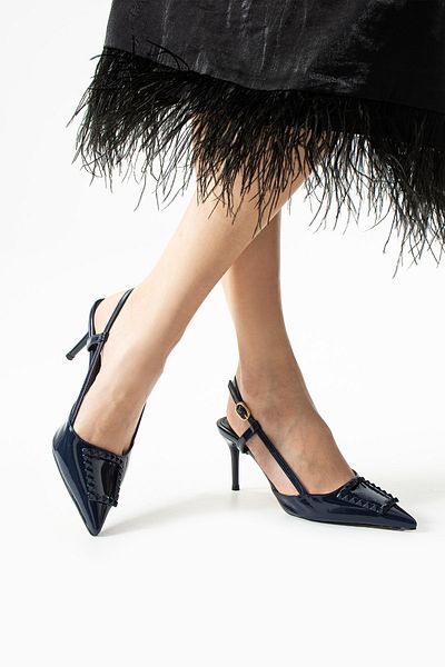 Güllü Shoes Shiny Navy Blue Stiletto | Vegan Leather, 7cm Heels, Ankle Strap, Buckle Pointed Toe Stylish Heels