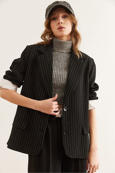 Olalook Jachetă blazer cu dungi cu buzunar fleto cu manșetă neagră pentru femei CKT- 19000428