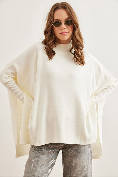Olalook Damen Ecru Half Fisherman Poncho Strickpullover KZK- 19000894