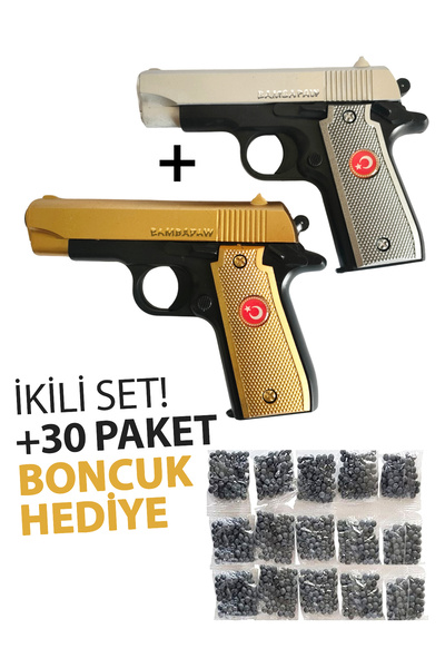 BambaPaw YENİ İkili Paket! Gold ve Gümüş Renk Türk Bayraklı Boncuklu Oyuncak Tabanca + 30 Paket Boncuk Hediye