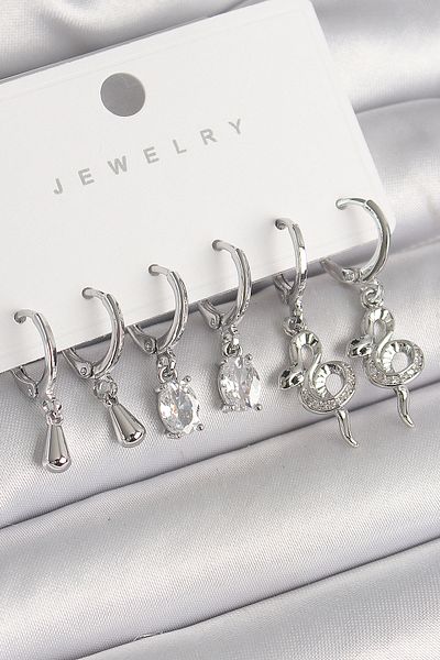 Mu Art Ahşap Brass Silver Color Dangle Zircon Stone Snake Model Women's Earring Set