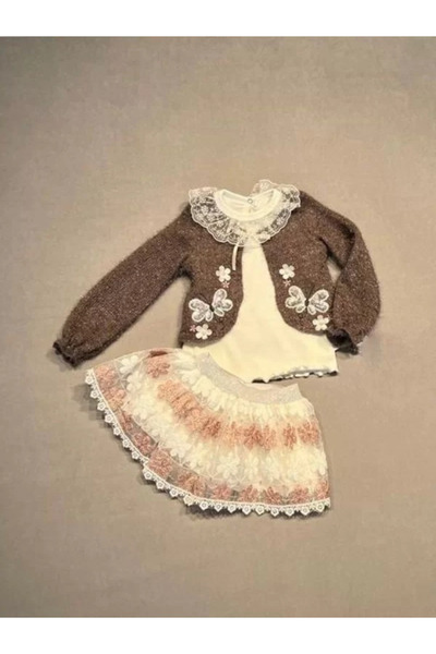 İsmiyle Al 1-2-3 Yaş Brode Etekli Örme Hırkalı Uzun Kollu Sweat 3lü Kız Çocuk Takımı Kahverengi