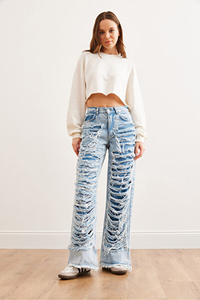 Olalook Blue Laser Detailed Women's Denim Jeans with Pockets - Elastic Back Wide Leg Jea- 19000116