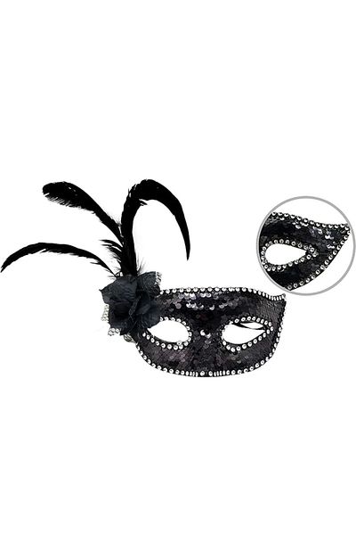 Toptan Bulurum Black Color Sequin Mask with Feather on the Side and Roses and Silver Stones 20x22 Cm