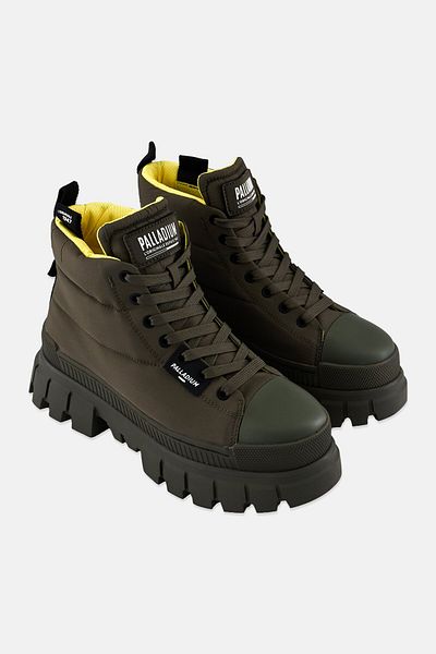 Palladium Women Revolt Boot Overcush Lace Up Ankle Boots, Dark Olive