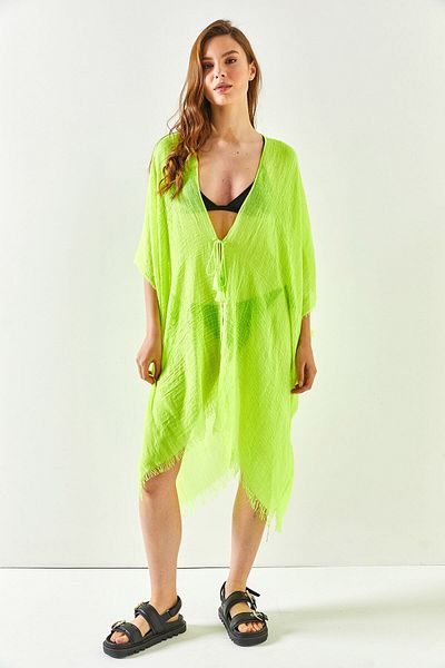 Olalook Women's Neon Green Slit Laced Pareo Kimono KMN-00000063