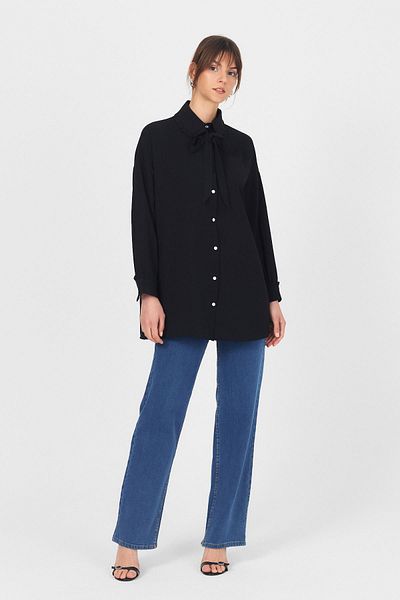 Rays Black Ruffle Collar Detailed Tie-Up Tunic 4586A