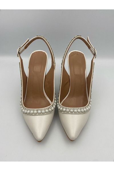 Aslının Butiği Leila2 Pearl Embroidered Pointed Toe Back Strap Faux Leather Women's High Heels