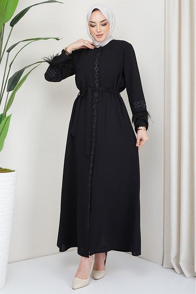 hafsamina Black Ferace with Feather Detail and Belt