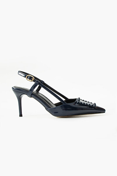 Güllü Shoes Shiny Navy Blue Stiletto | Vegan Leather, 7cm Heels, Ankle Strap, Buckle Pointed Toe Stylish Heels