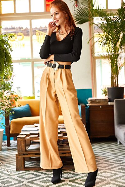 Olalook Kadın Camel Cepli Pileli Palazzo Pantolon PNT-19000137