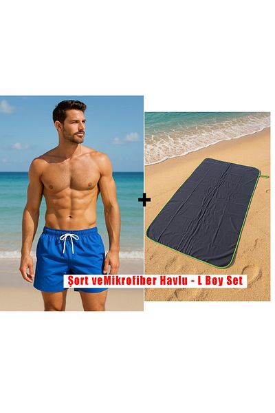 podyum baskı Quick Dry Men's Sea (Vivid Blue- Parlament Blue) Microfiber Towel - L Size Gray 80X130 cm