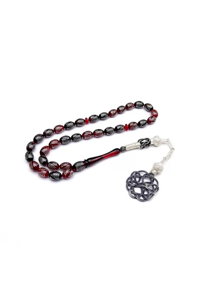 Tesbih Ruyasi Nokta Gümüş Pramit İşlemeli Ateş Kehribar Tesbih