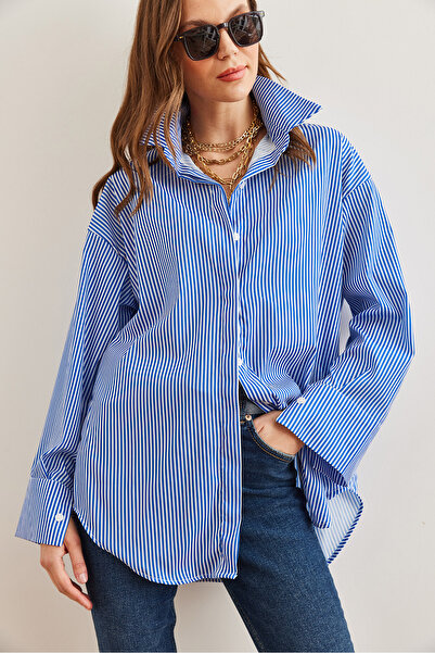 Olalook Kadın Çizgili Mavi Gizli Patlı Poplin Gömlek GML-19000867
