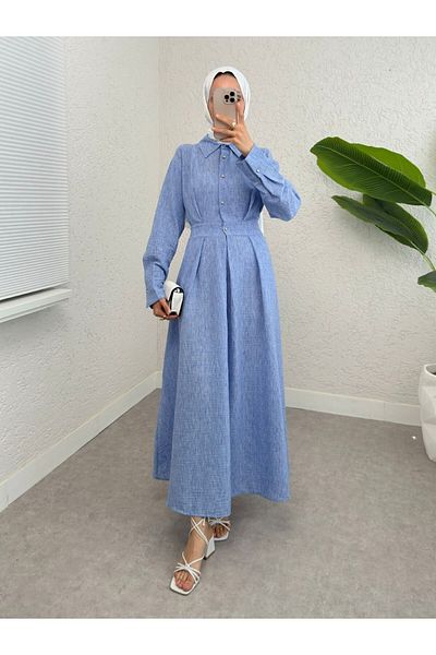 Modamorfo Rochie de in cu jumătate de nasturi cu talie elastică -Albastru