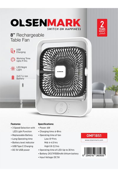 Olsenmark 8" Rechargeable Table Fan Omf1851 High Performance Fan