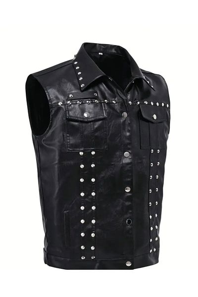 NYC GİYİM TEKSTİL Biker Cooper Vest Genuine Leather Vest with Rivet Nail Tip Detail