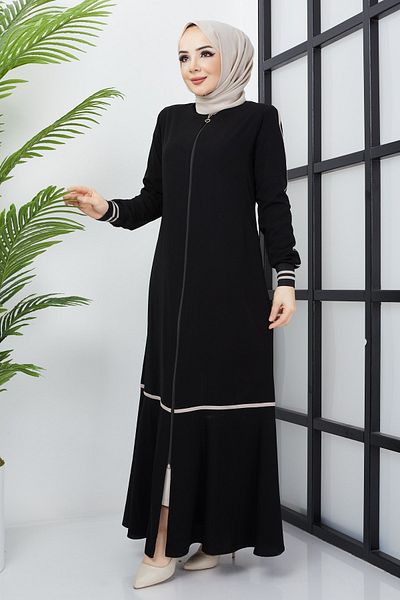 hafsamina Μαύρο Abaya με λεπτομέρεια ρίγες