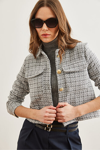 Olalook Női füstölt zsebgombos csillogó részletes Tweed dzseki CKT- 19000411