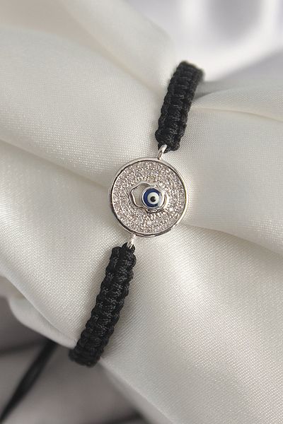 MÇ Plus Brass Silver Color Zircon Stone Evil Eye Bead Embroidered Macrame Elevator Model Women's Bracelet