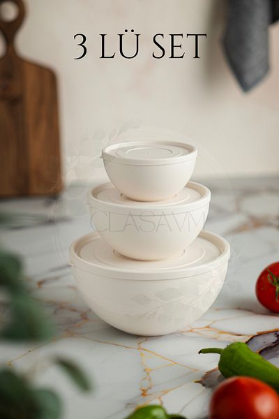 clasavm Set of 3 Soft Lid Storage Containers, Round Bowl with Lid, 0.2- 0.6 - 1.2L