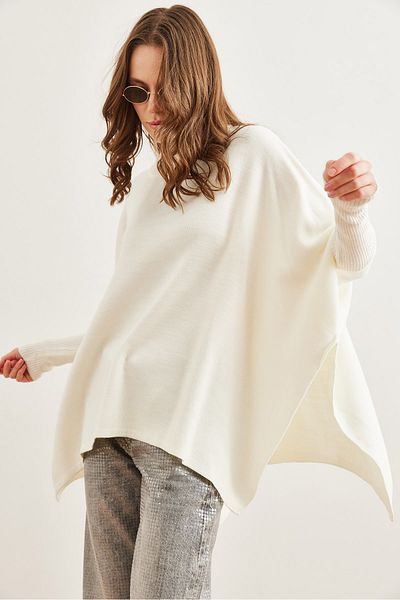 Olalook Damen Ecru Half Fisherman Poncho Strickpullover KZK- 19000894