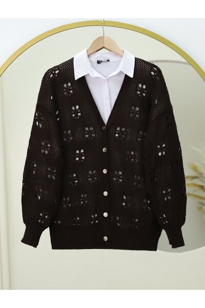 Modamorfo Düğmeli Ajurlu Araboy Triko Hırka -K. Kahve