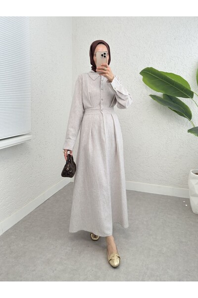 Modamorfo Half Buttoned Linen Dress with Elastic Waist - Stone
