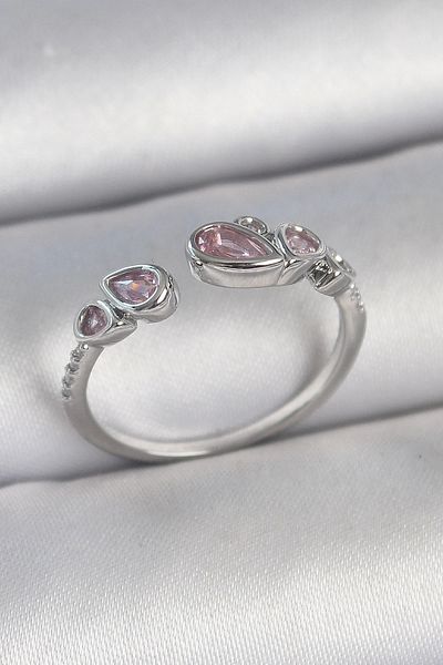 Clariss Brass Silver Color Pink Drop Zircon Stone Adjustable Model Women's Ring