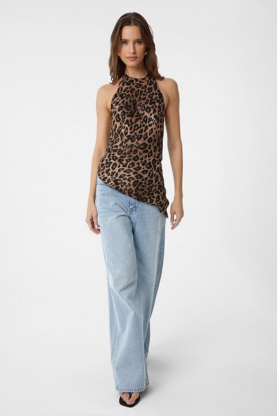 Antioch Brown Asymmetrical Leopard Patterned Backless Women's Top