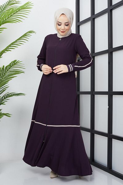 hafsamina Plum Abaya με λεπτομέρεια ρίγες