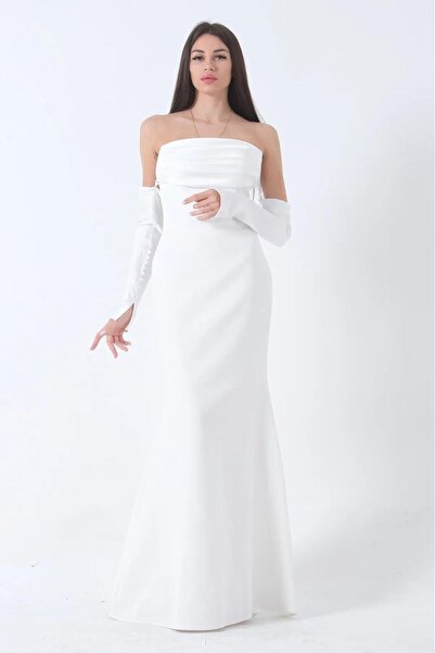 Moda Asrın Beyaz Straples Degaje Yaka ve Kol Detaylı ABİYE ELBİSE