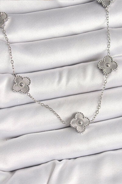 Clariss 316L Steel Silver Color Chain Embroidered Clover Model Women's Necklace