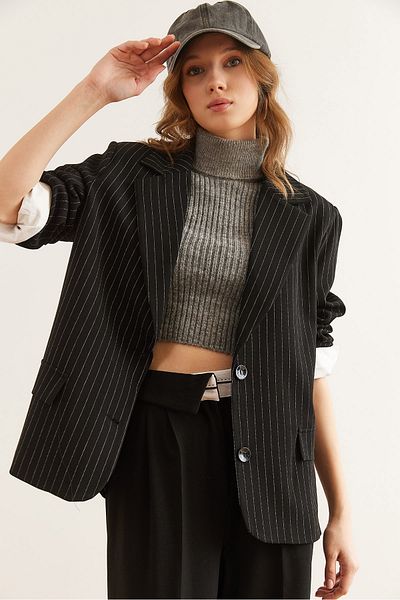 Olalook Jachetă blazer cu dungi cu buzunar fleto cu manșetă neagră pentru femei CKT- 19000428