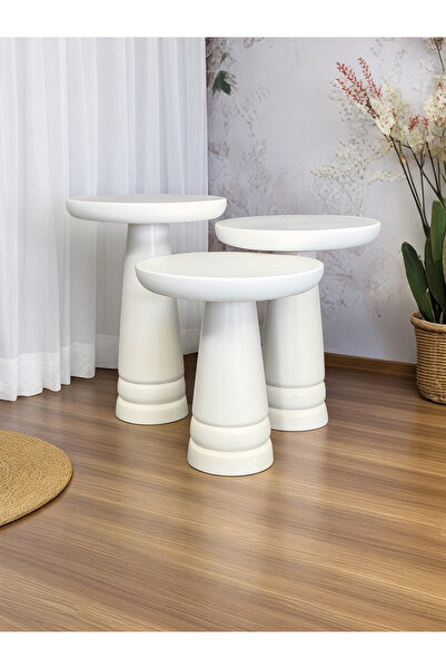 ASELYA HOME Doğal Ahşap 3’lü Set Krem Mantar Yan Sehpa Modern Fiskos Zigon Çiçeklik