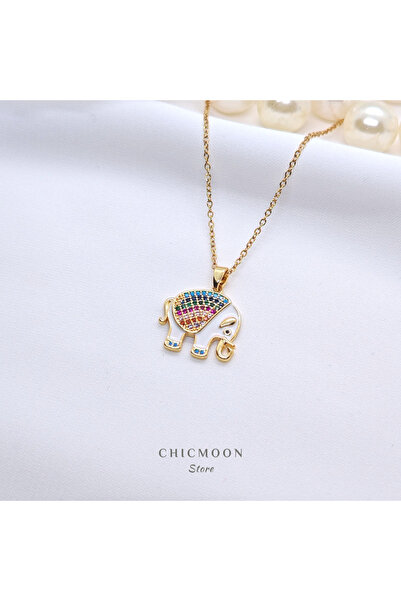CHICMOON STORE Çelik Renkli Zirkon Taşlı Fil Kolye