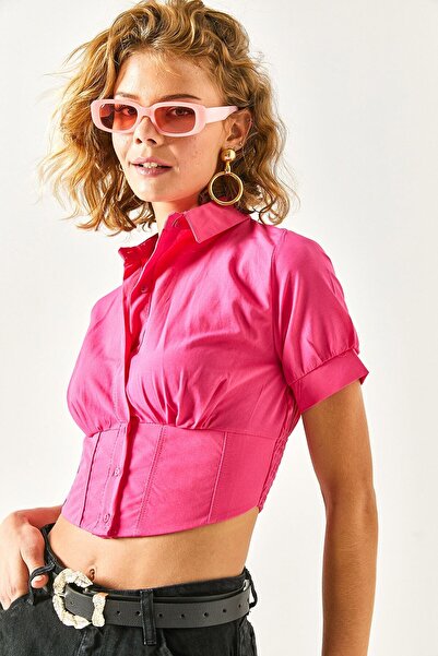 Olalook Cămașă crop pentru femei cu talie fucsia GML-19001138