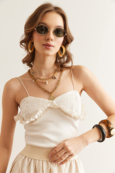 Olalook Ecru Linen Detailed Flexibilní žebrované dámské body - BDY- 00000054