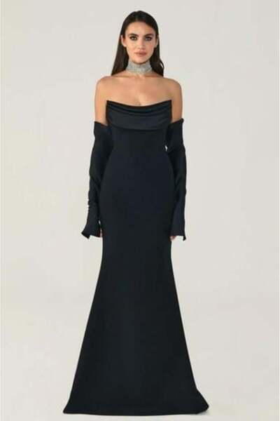 Moda Asrın Siyah Straples Degaje Yaka ve Kol Detaylı ABİYE ELBİSE