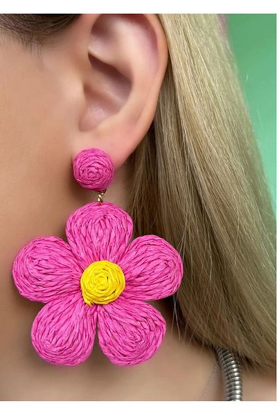 mos&more Pink Daisy Summer Fashion Raffia Lightweight Women's Earrings