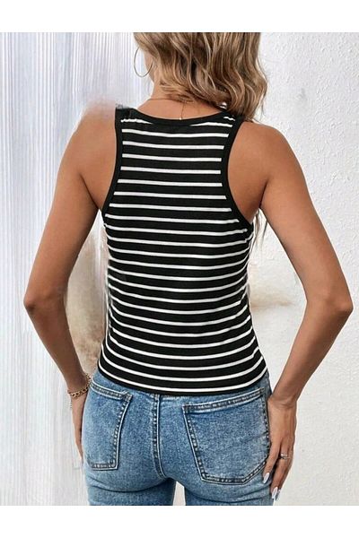 Stail Moda Women -Black and White Camisole Striped Wide Straps Elasticity Casual Tank Top Sports Striped Ball Tank Top 2024