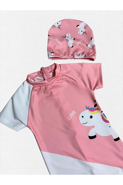 Fil Kids Girl's Puppy Mouth Color Unicorn Love Pattern Short Sleeve Quick Dry Tight Woven Bonnet Swimsuit