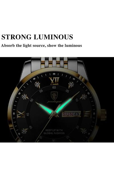 POEDAGAR Men's Watch Cs1300, Stainless Steel, Silver/Gold, Black Dial