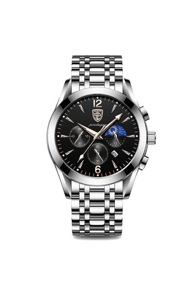 POEDAGAR Ανδρικό Ρολόι Cs1303, Ανοξείδωτο Ατσάλι, Ασημί, Μαύρο Καντράν