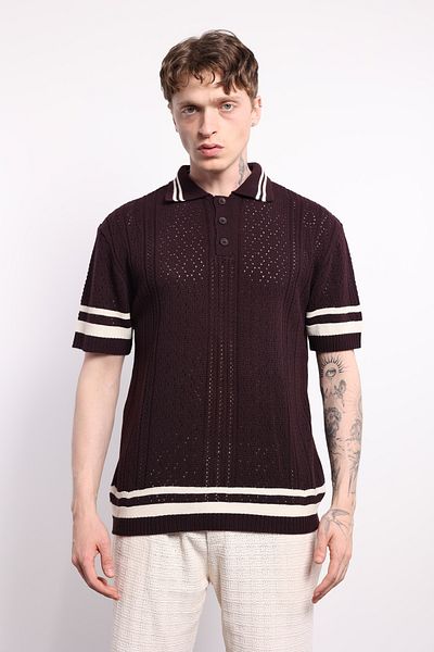 İLKCET MODA Ανδρικό πλεκτό μπλουζάκι Premium Oversize με ρίγα μανίκι γιακά